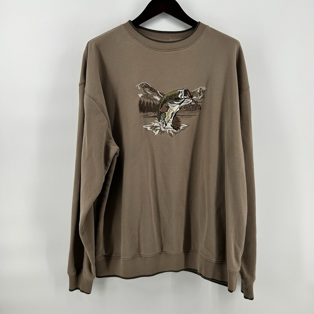 MC Sport Fishing Sweatshirt Mens XXL Bass Embroidered Brown Outdoor Y2K Lodge